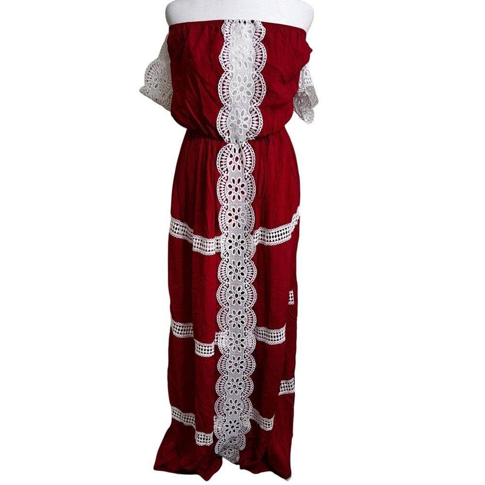 FN Fashion Red Crochet Lace Trim‎ Off Shoulder Maxi Dress Womens Boho Tiered
